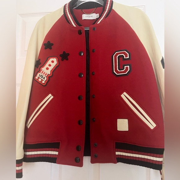 Coach • Varsity Wool & Leather Rocket Ship Patch Bomber Jacket US 8 RARE EUC - Picture 1 of 6